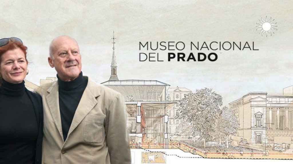 Elena Ochoa (i), antaño sexóloga de la tele y fundadora de la editorial Ivorypress, junto a su marido, el reconocido arquitecto internacional Norman Foster (d), y una vista de la ampliación del Museo Nacional del Prado / FOTOMONTAJE DE CG