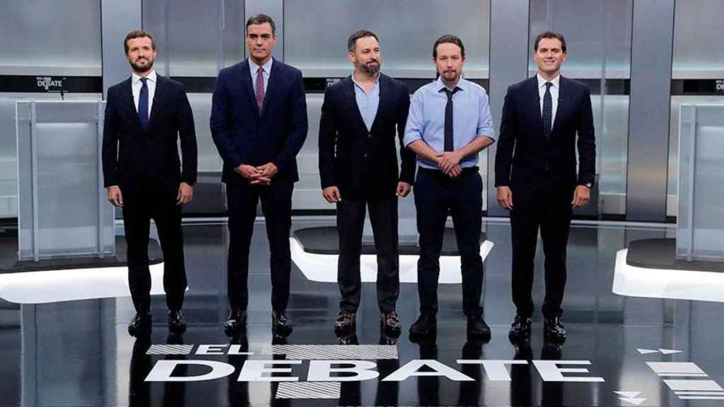 Pablo Casado (PP), Pedro Sánchez (PSOE), Santiago Abascal (Vox), Pablo Iglesias (Unidas Podemos) y Albert Rivera (Ciudadanos), antes del debate de candidatos del 10N. Explicaron sus motivos / EFE