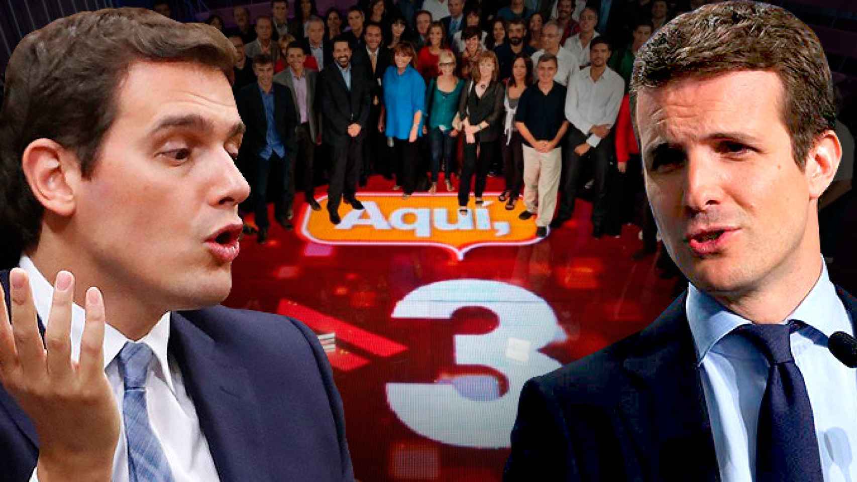 Montaje de las imágenes de Albert Rivera y Pablo Casado con TV3, objetivo de su estrategia conjunta, de fondo / CG