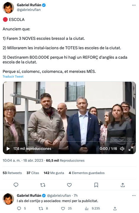 Gabriel Rufián, aprovechando las competencias de la Generalitat para hacer campaña / TWITTER