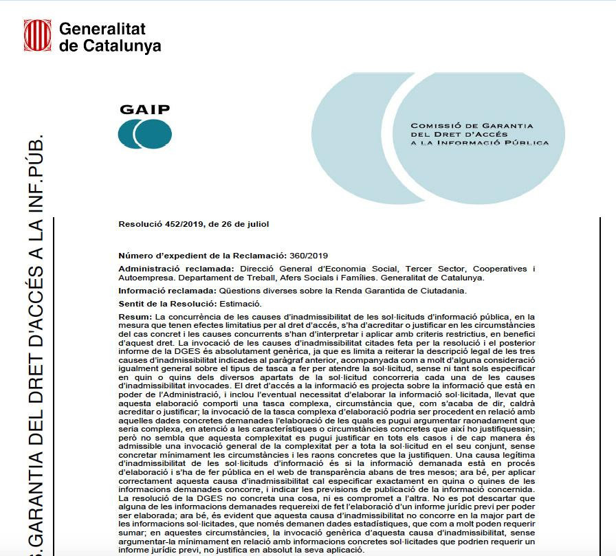 Resolución de la Comisión de Garantía del Derecho de Acceso a la Información Pública sobre la Renta Garantizada de Ciudadanía