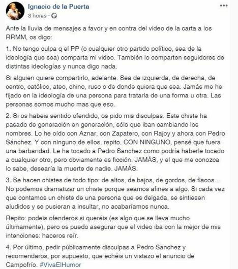 Mensaje del humorista en su Facebook