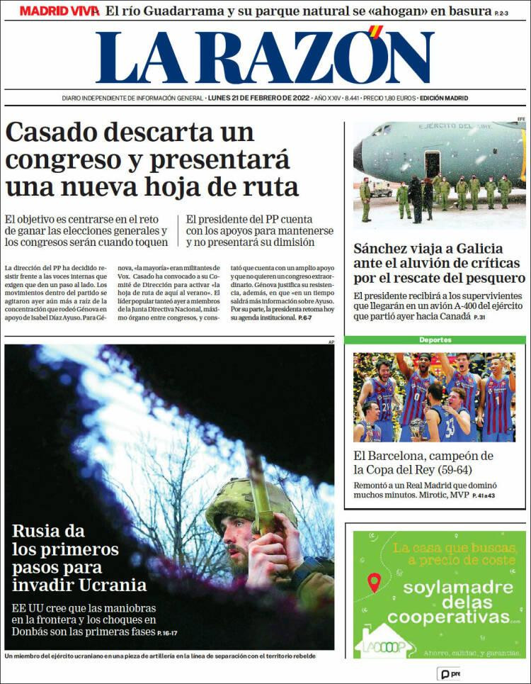 Portada de 'La Razón' del 21 de febrero de 2022