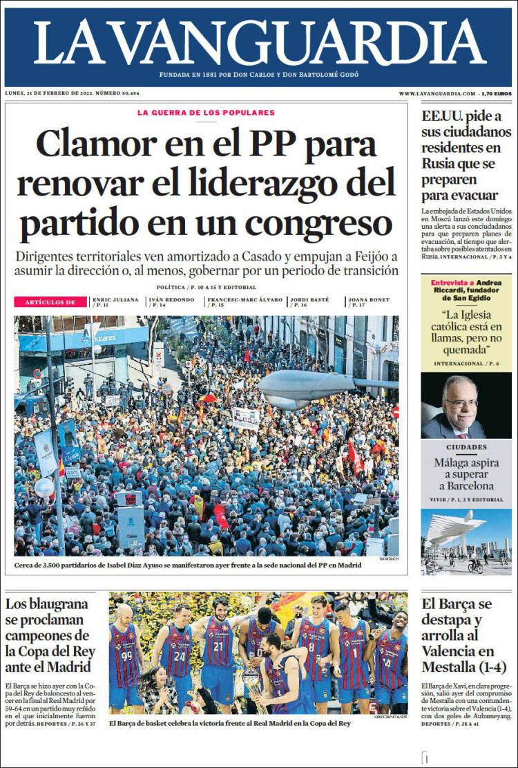 Portada de 'La Vanguardia' del 21 de febrero de 2022