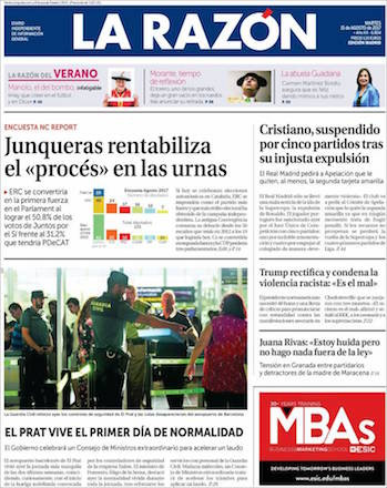 Portada de 'La Razón' del 15 de agosto de 2017 / CG