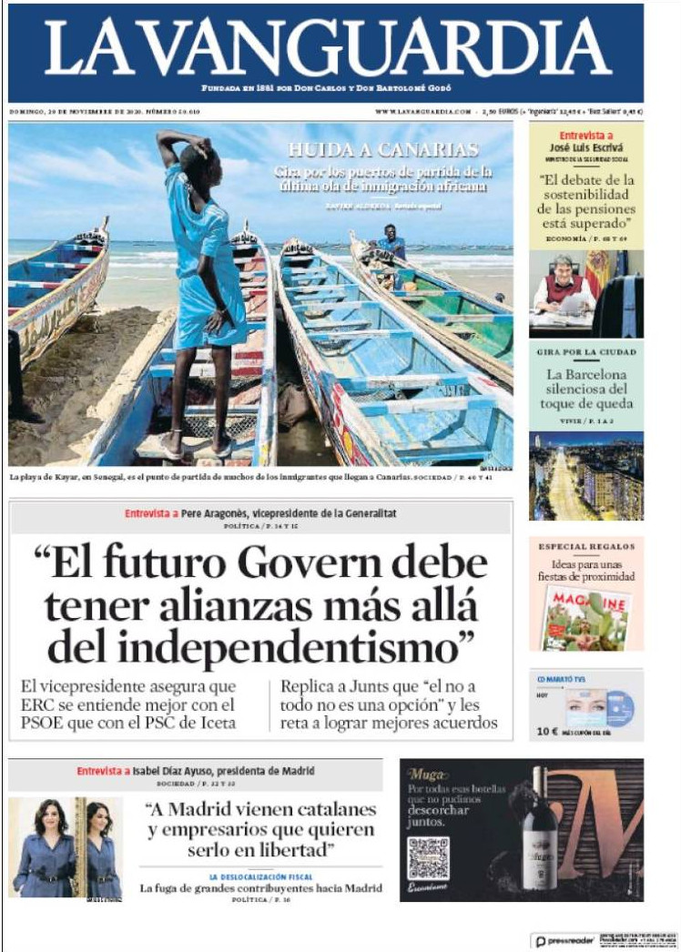 Portada de 'La Vanguardia' del 29 de noviembre / KIOSKO.NET