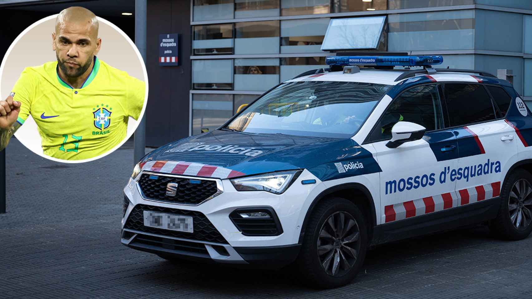 El futbolista Dani Alves y el coche de Mossos en el que salió detenido tras declarar como investigado por agresión sexual / FOTOMONTAJE DE CG