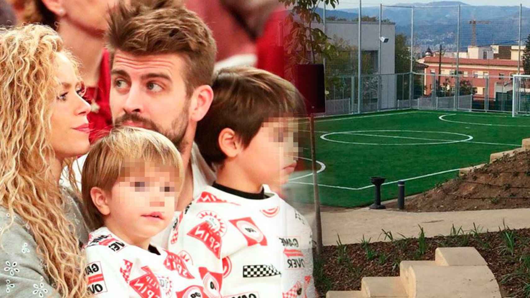 Imagen de Shakira y Piqué con sus hijos Milan y Sasha en un acto público y, al lado, la American School of Barcelona / CG