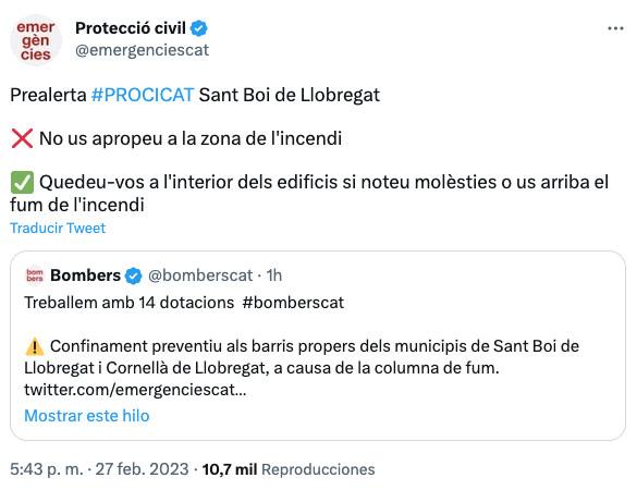 Protecció Civil anuncia la activación del Plan Procicat en prealerta debido al incendio en una nave de Sant Boi / TWITTER