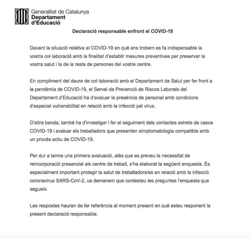 Primera página de la declaración responsable dirigida a los profesores catalanes / CG