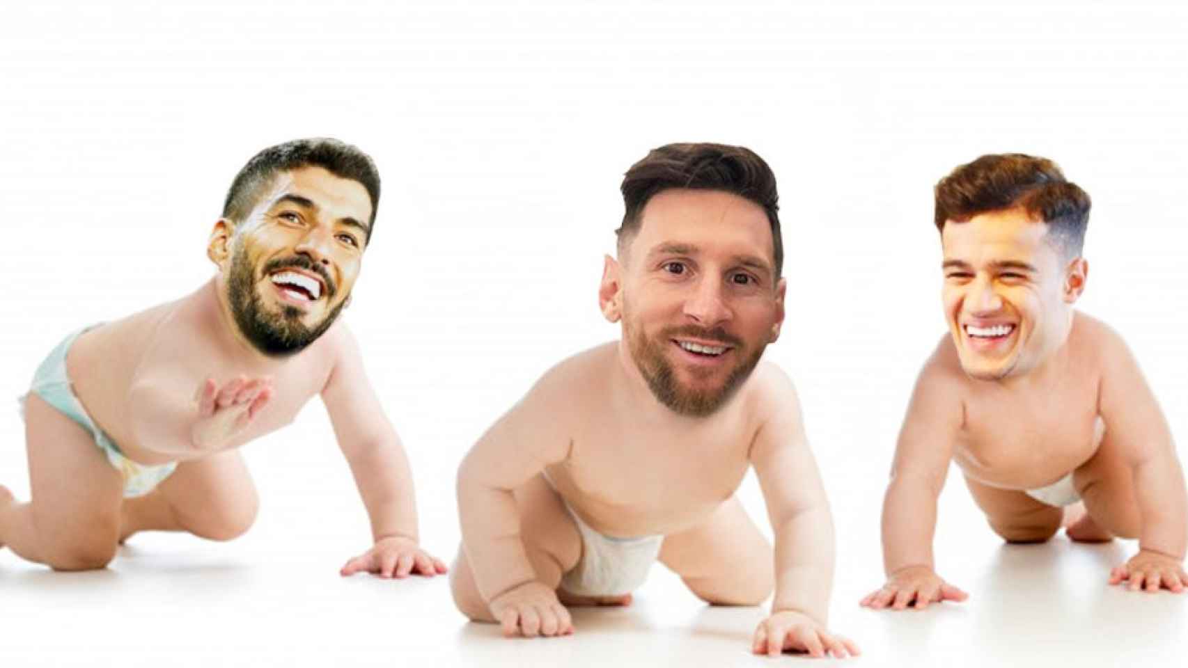 Luis Suárez, Leo Messi y Phil Coutinho en versión bebés / FOTOMONTAJE DE CULEMANÍA