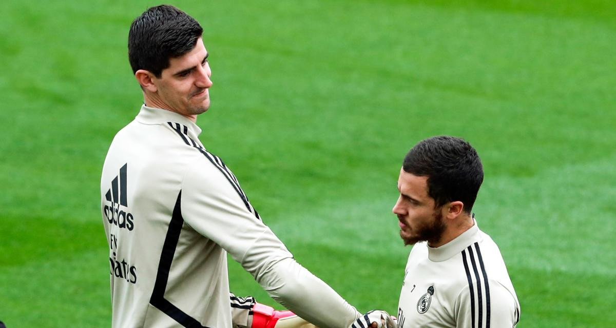 Thibaut Courtois con Eden Hazard en un entrenamiento del Real Madrid / EFE