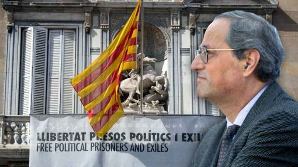 El presidente de la Generalitat, Quim Torra, con la pancarta de apoyo a los políticos presos / FOTOMONTAJE DE CG