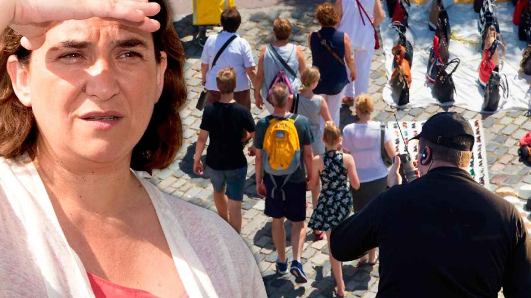 Ada Colau supervisa a un vigilante de seguridad privada frente al 'top manta' / FOTOMONTAJE CG