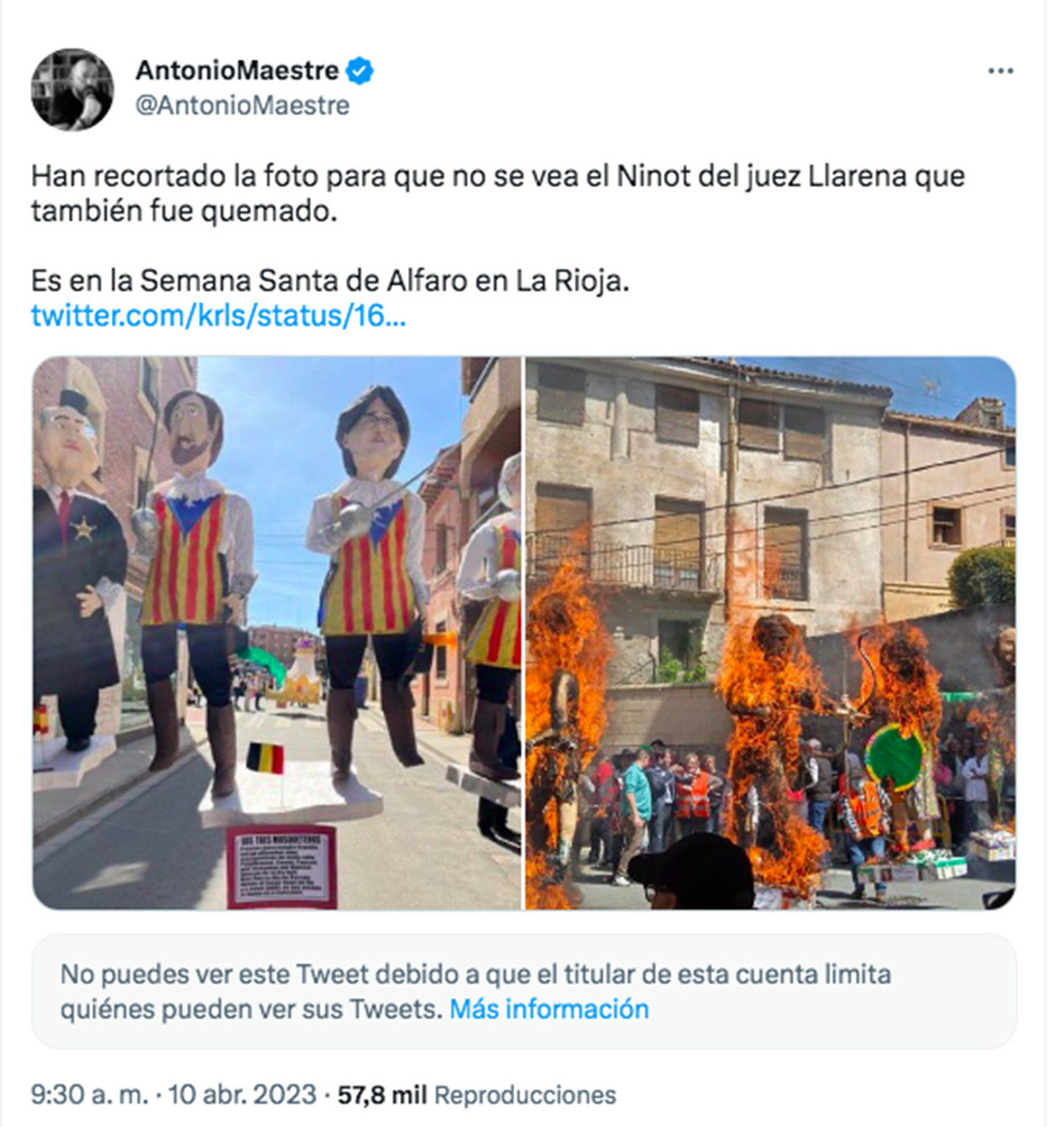 Tuit en el que se demuestra que se ha cortado la foto de la quema de Judas en Alfaro (Logroño)