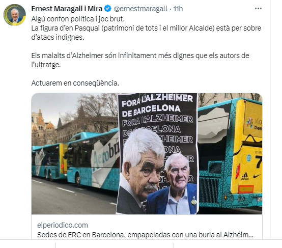 Ernest Maragall reacciona a los hechos en Twitter