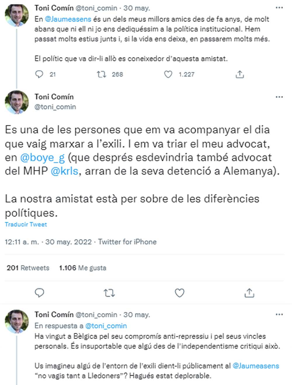 Toni Comín, explicando la afinidad de Jaume Asens (En Comú Podem) con los fugados del 'procés' / TWITTER