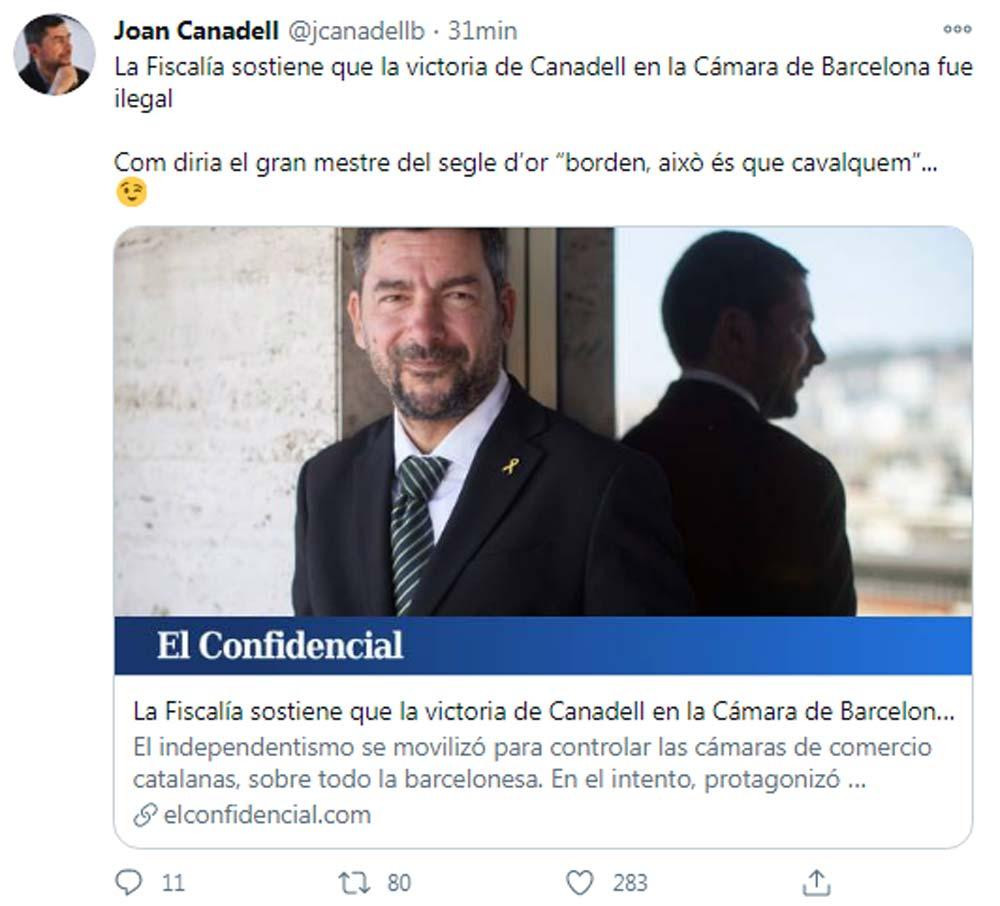 Joan Canadell, sacando pecho tras las sospechas de fiscalía de posible pucherazo en la Cámara de Comercio / TWITTER