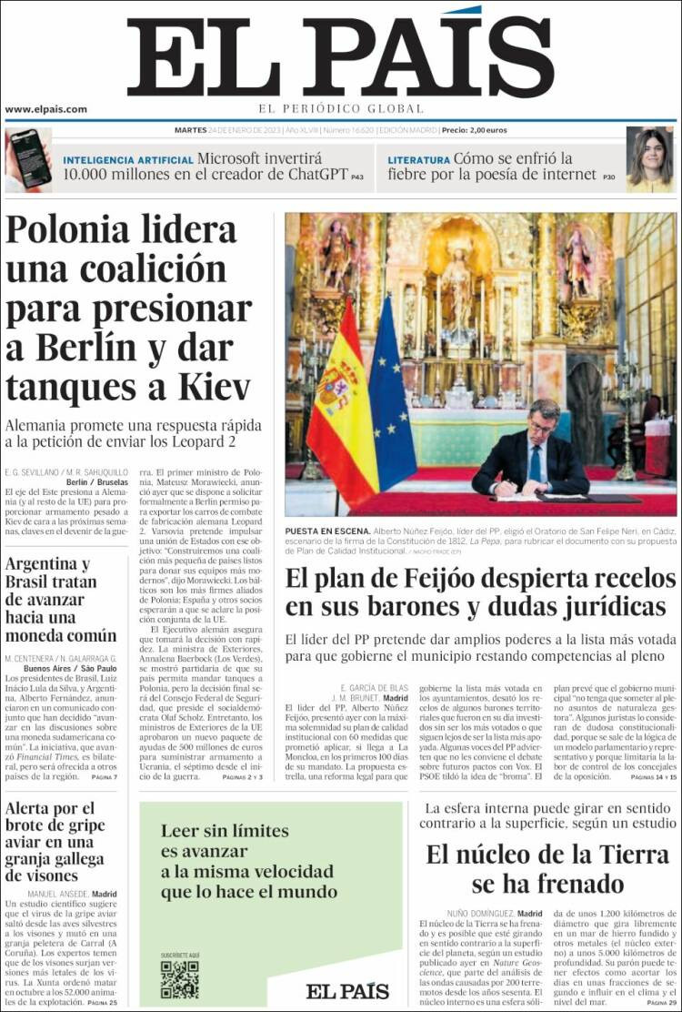 Portada de 'El País' de 24 de enero de 2023 / kiosko.net