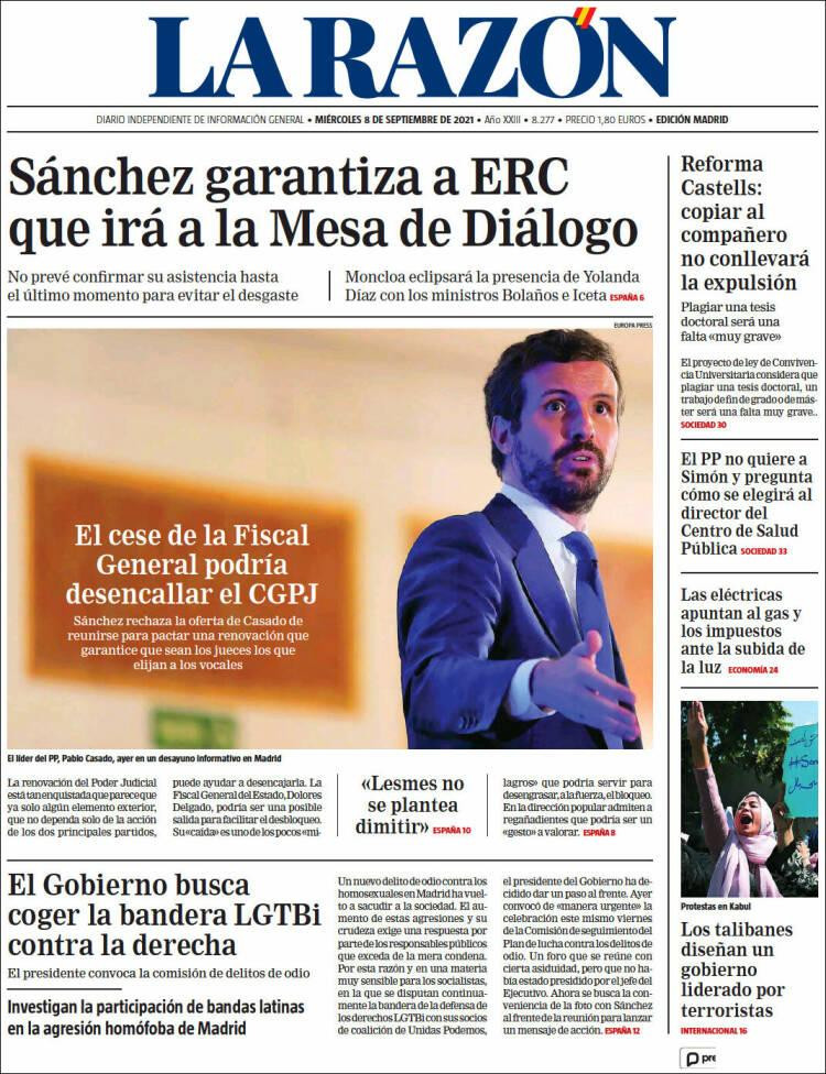 Portada de 'La Razón' del 8 de septiembre de 2021 / KIOSKO.NET