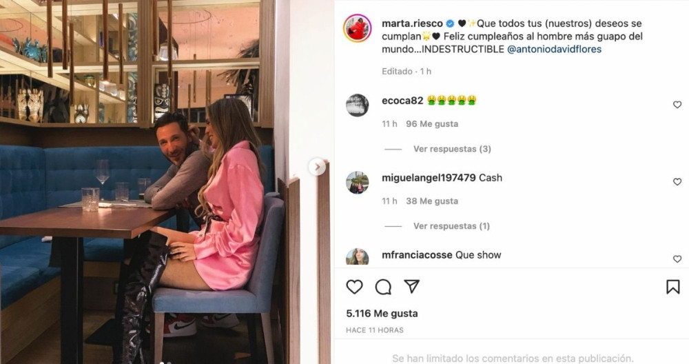 Marta Riesco felicita a Antonio David Flores / INSTAGRAM