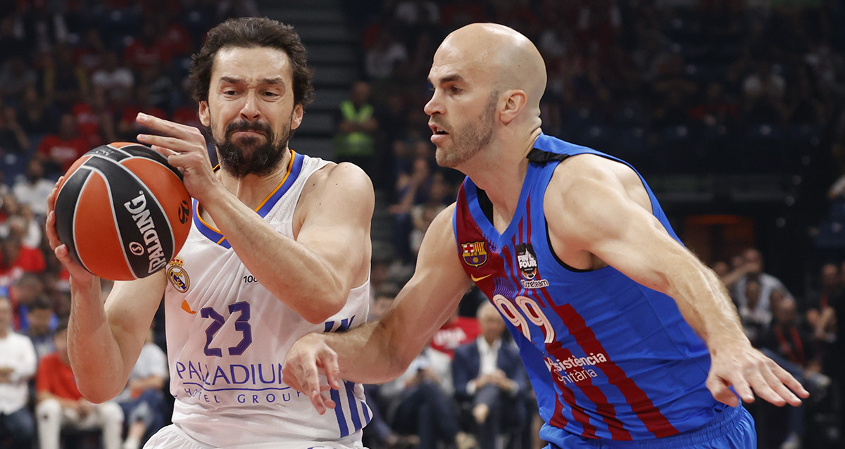 Nick Calathes, marcando a Sergio Llul, durante el Barça-Madrid de la Final Four / EFE