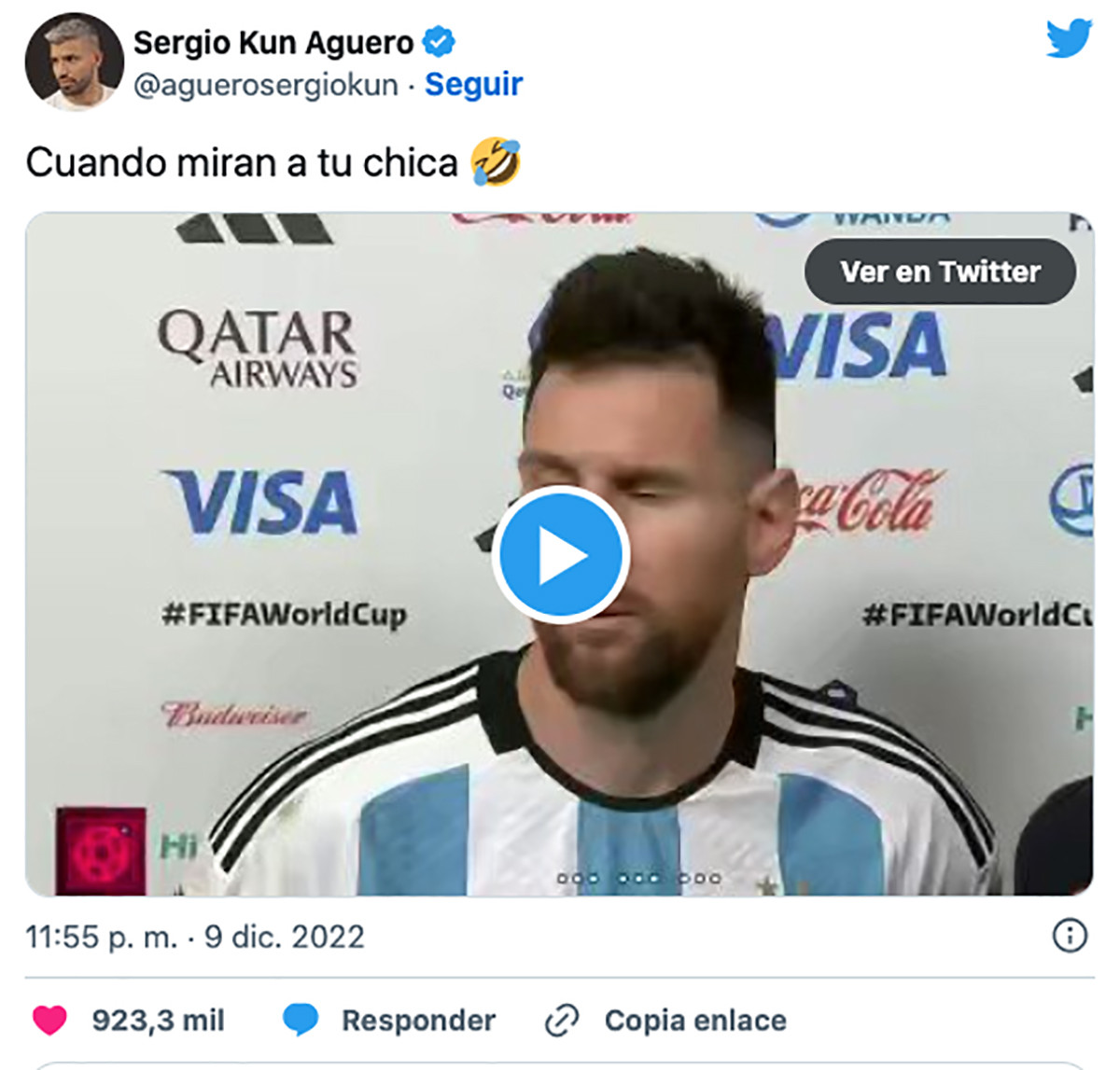 La broma del Kun Agüero en Twitter al compartir la secuencia de Leo Messi