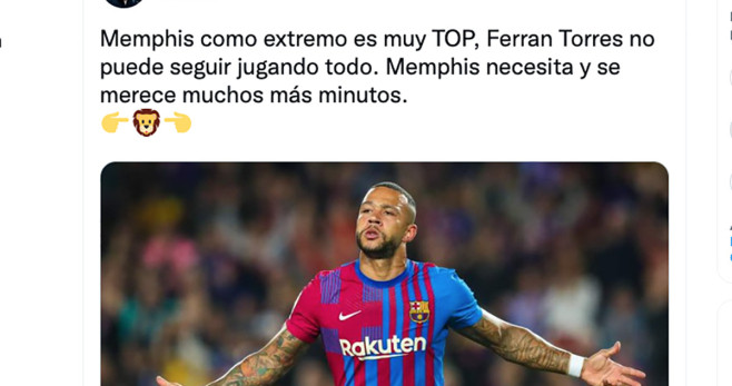 Tuit de @EirenJr a favor de que Memphis Depay tenga más minutos / Twitter