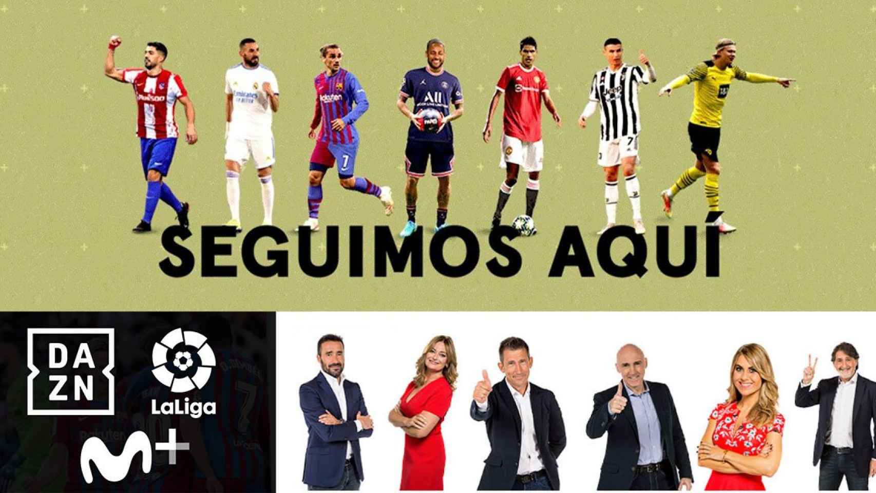 Fotomontaje con los jugadores de la Liga en un anuncio de Movistar Plus y sus presentadores junto al logo de DAZN / CULEMANIA