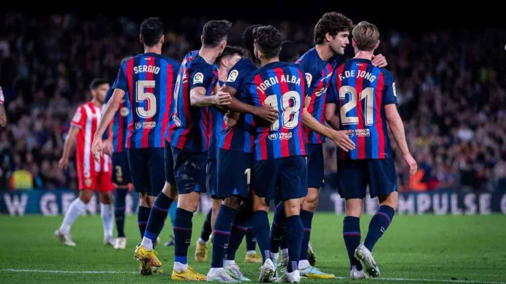 Jordi Alba celebra uno de los dos goles del Barça ante el Almería / FCB