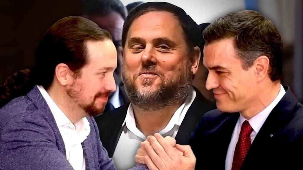 Pablo Iglesias (Podemos) y Pedro Sánchez (PSOE) pactan ante el líder de ERC Oriol Junqueras / FOTOMONTAJE DE CG