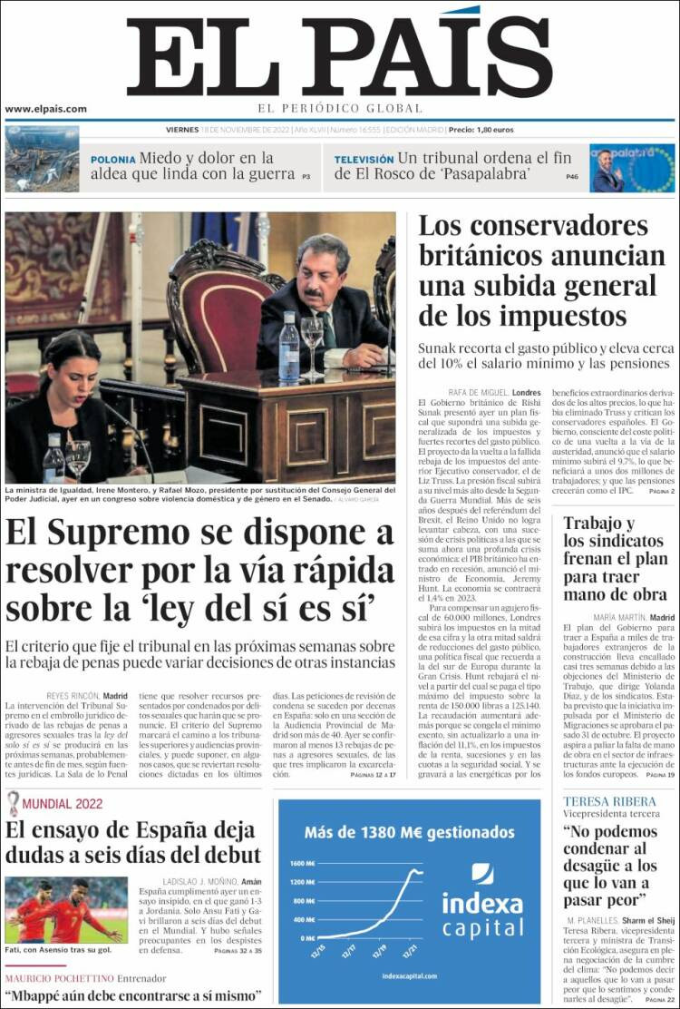 Portada de 'El País' de 18 de noviembre de 2022 / KIOSKO.NET