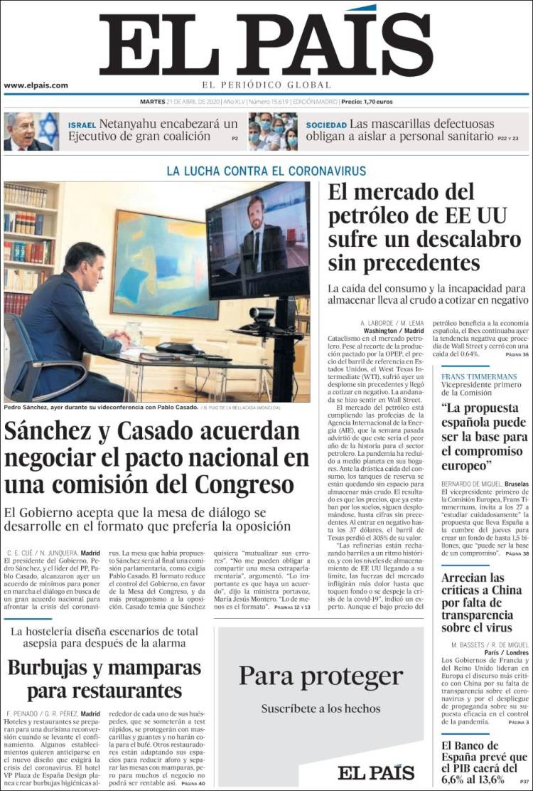 Portada de 'El País' del 21 de abril de 2020