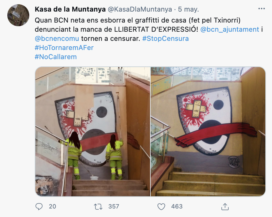 Tuit de Kasa de la Muntanya para denunciar el borrado del grafiti /KASAMUNTANYA