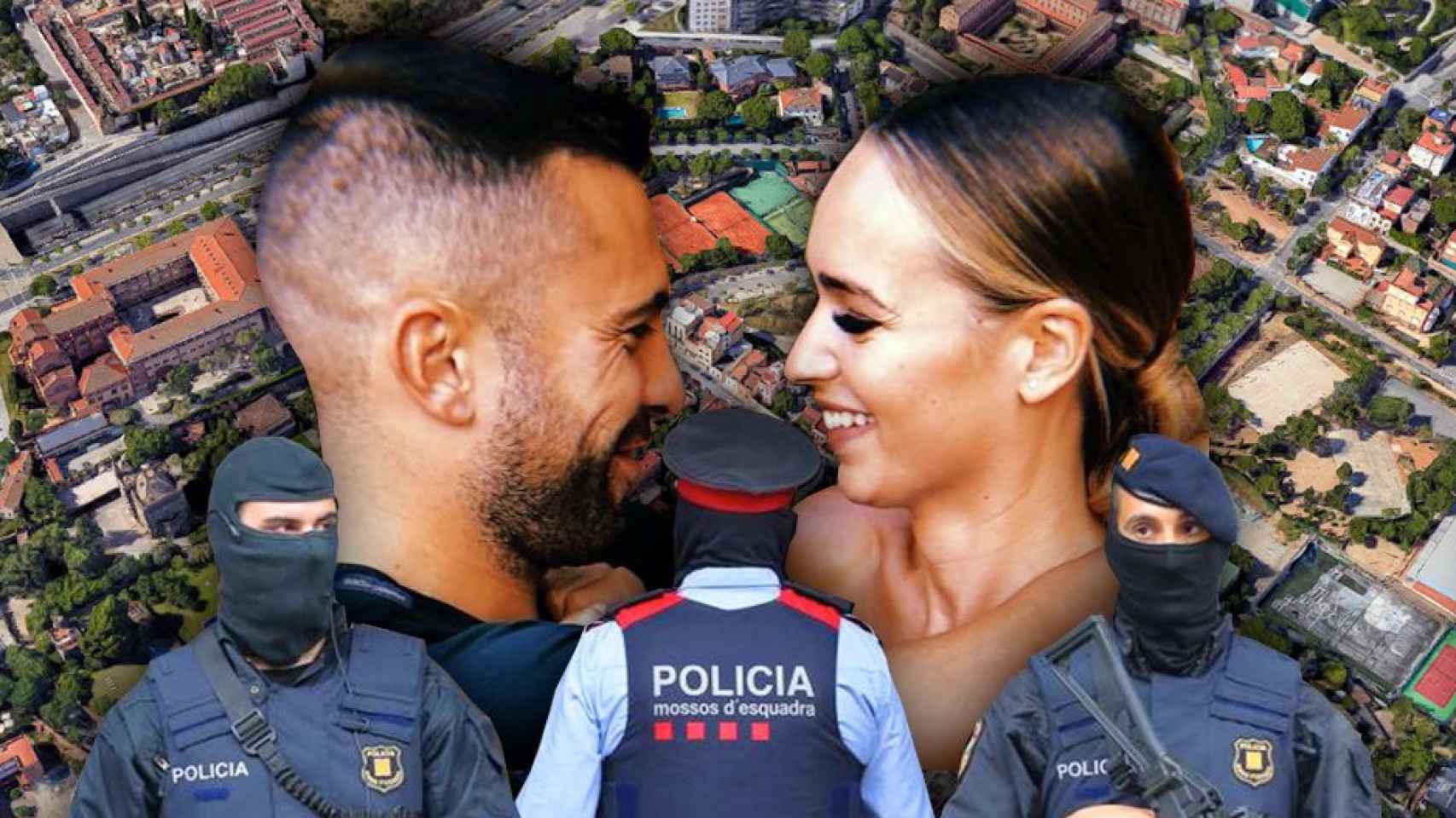 Jordi Alba y Romarey Ventura sobre un mapa de La Bonanova (Barcelona) y agentes de los Mossos d'Esquadra / FOTOMONTAJE DE CULEMANÍA