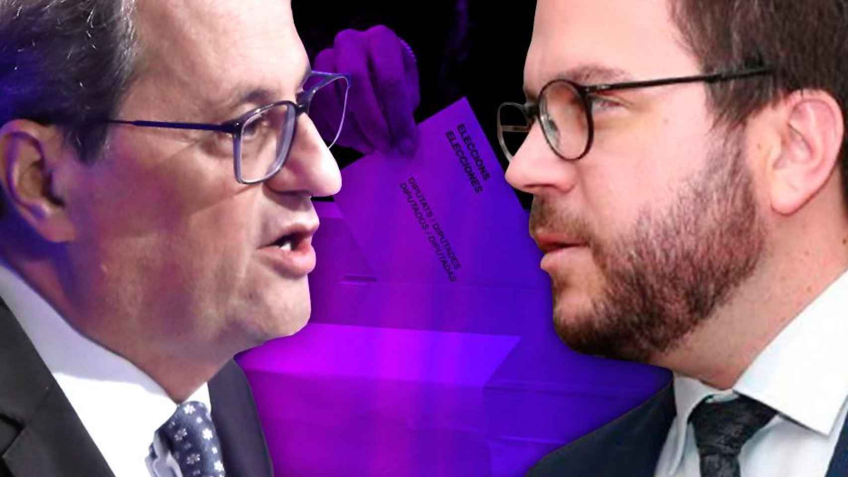 Quim Torra, a las órdenes de Carles Puigdemont, cara a cara con Pere Aragonès, dirigente de ERC. De fondo, una imagen de las últimas elecciones / CG