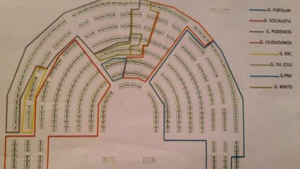 Distribución de los grupos en el Congreso, según un dibujo de Podemos.