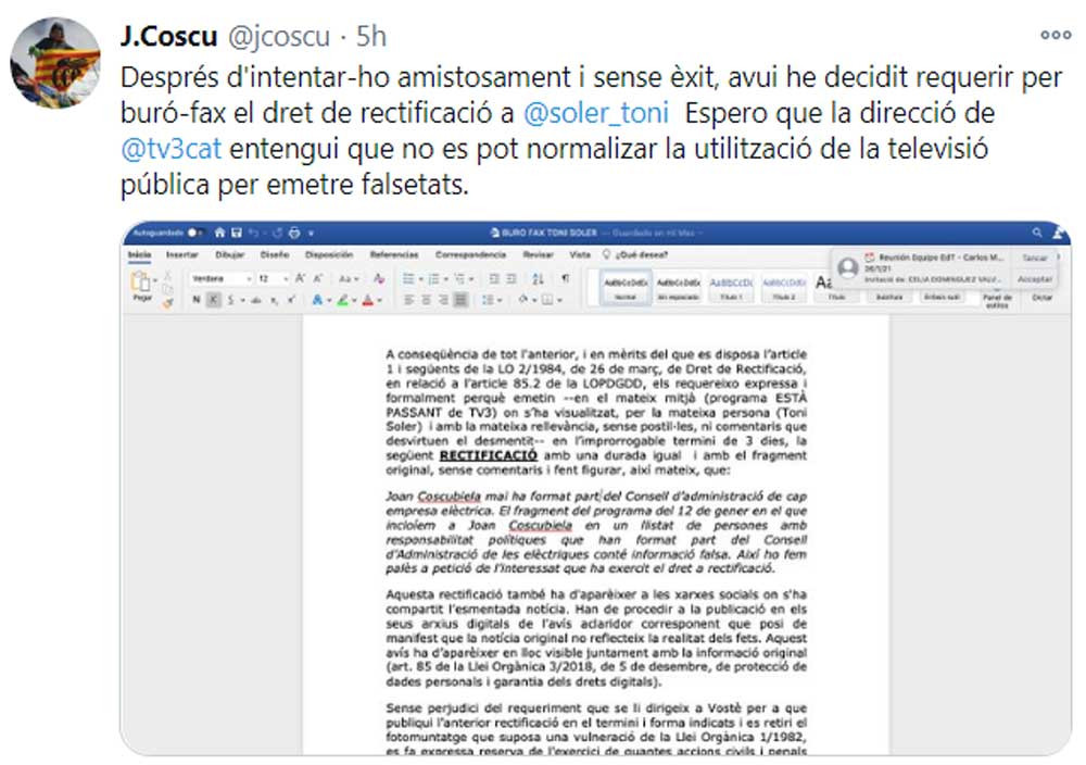 Joan Coscubiela, pidiendo a Toni Soler que rectifique su información falsa en TV3