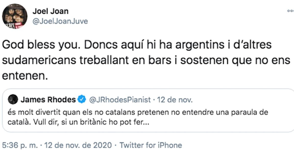 El tuit xenófobo de Joel Joan en respuesta a James Rhodes