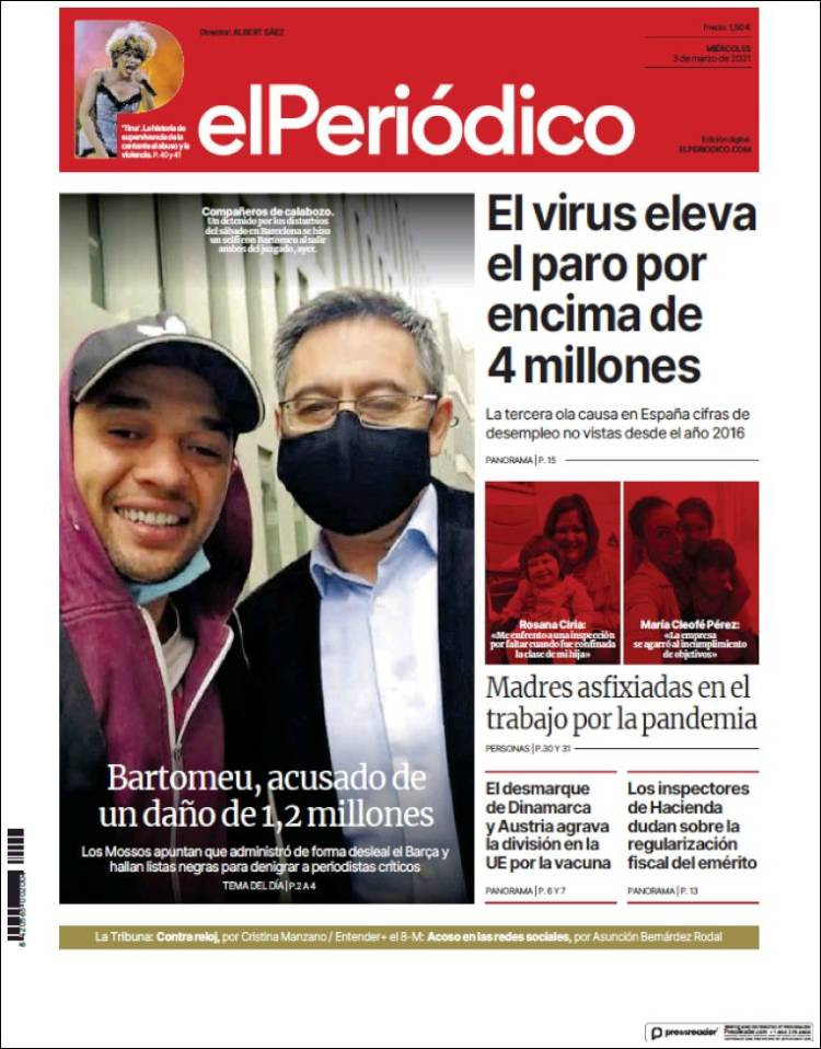 Portada de 'El Periódico' del 3 de marzo de 2021 / EL PERIÓDICO