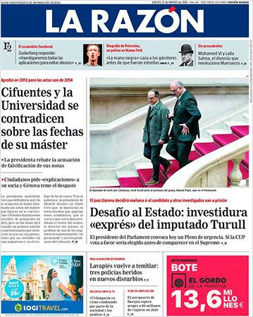 Portada de 'La Razón' del 22 de marzo de 2018