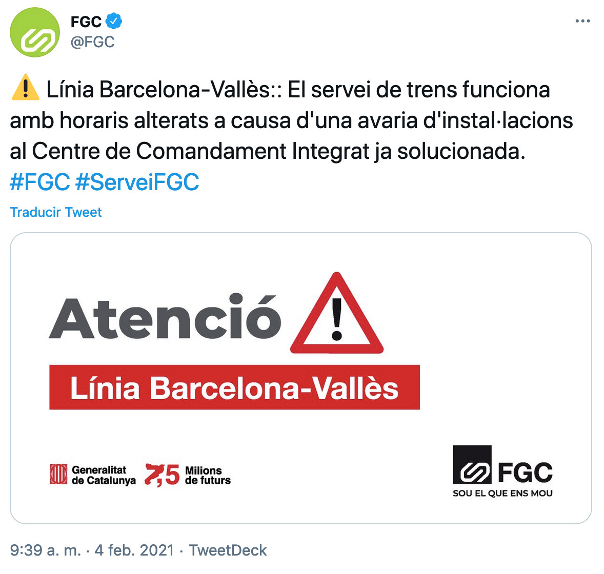 FGC informa de retrasos por una avería / TWITTER