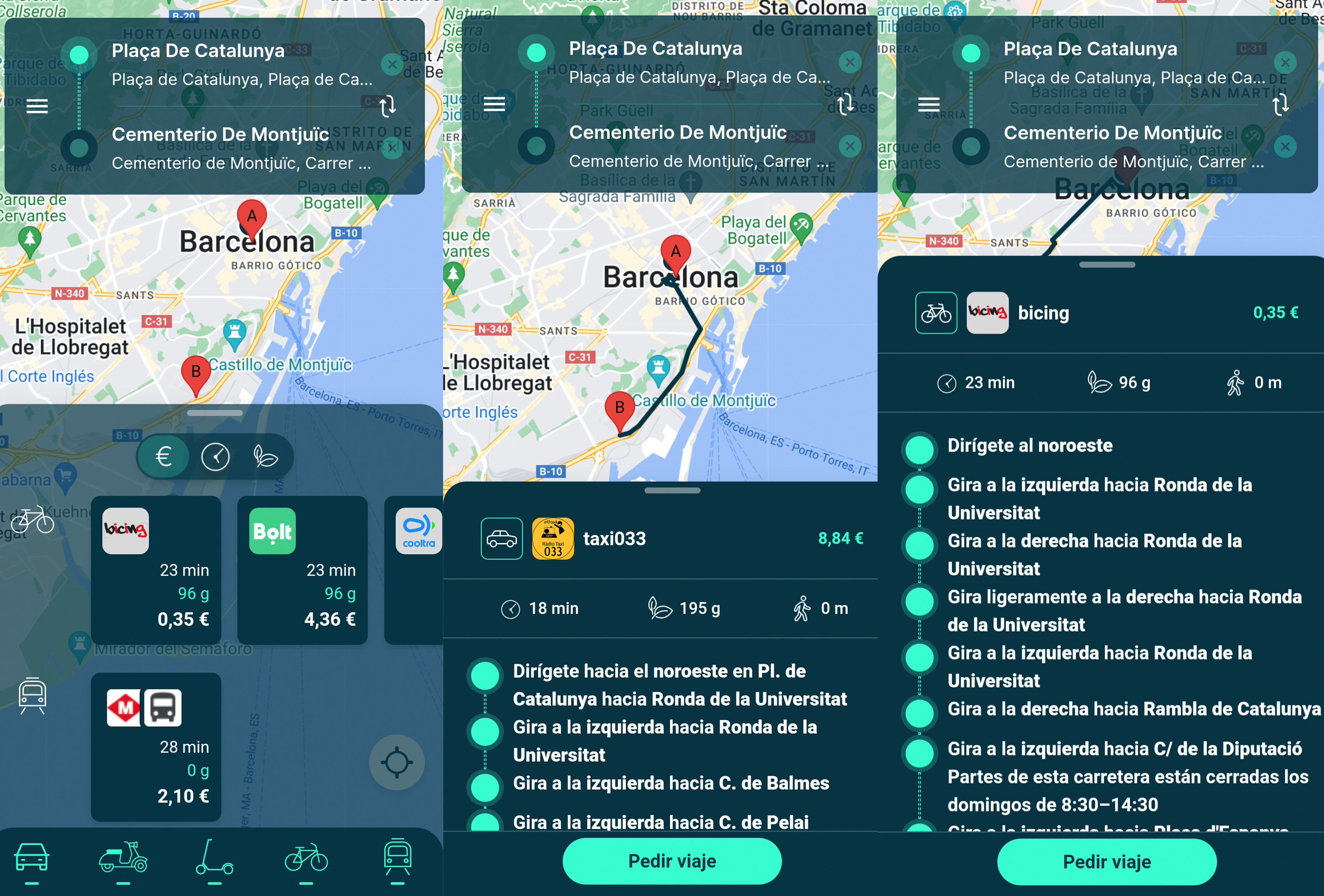 Capturas de la aplicación catalana WAIIS, que compara diferentes opciones de transporte teniendo en cuenta precio, tiempo e impacto en el medio ambiente / WAIIS - CG 