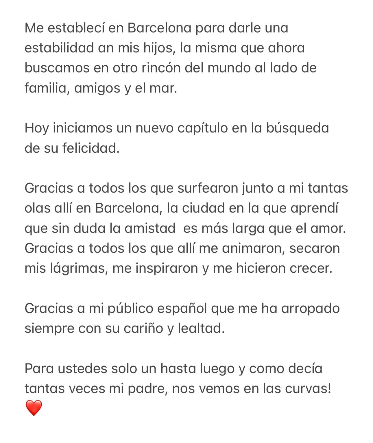 La carta de despedida de Shakira a Barcelona / REDES