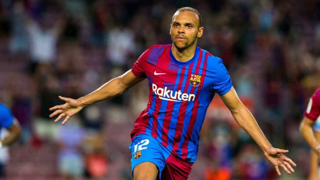 Celebración de Martin Braithwaite tras marcar un doblete con el Barça