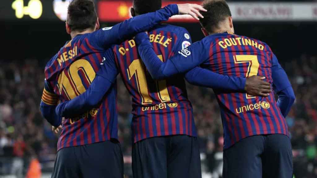 Una foto de Leo Messi, Ousmane Dembelé y Philippe Coutinho / Twitter