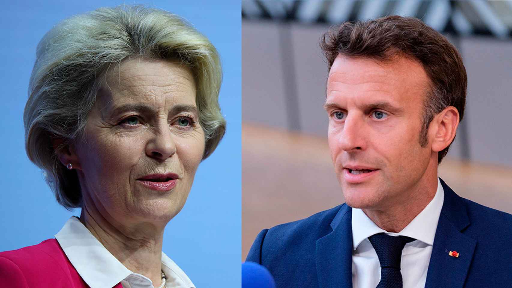 La presidenta de la Comisión Europea, Ursula von der Leyen (i), y el presidente de Francia, Emmanuel Macron, ambas organizaciones han reforzado sus garantías o reticencias respecto al proyecto MidCat / FOTOMONTAJE CG