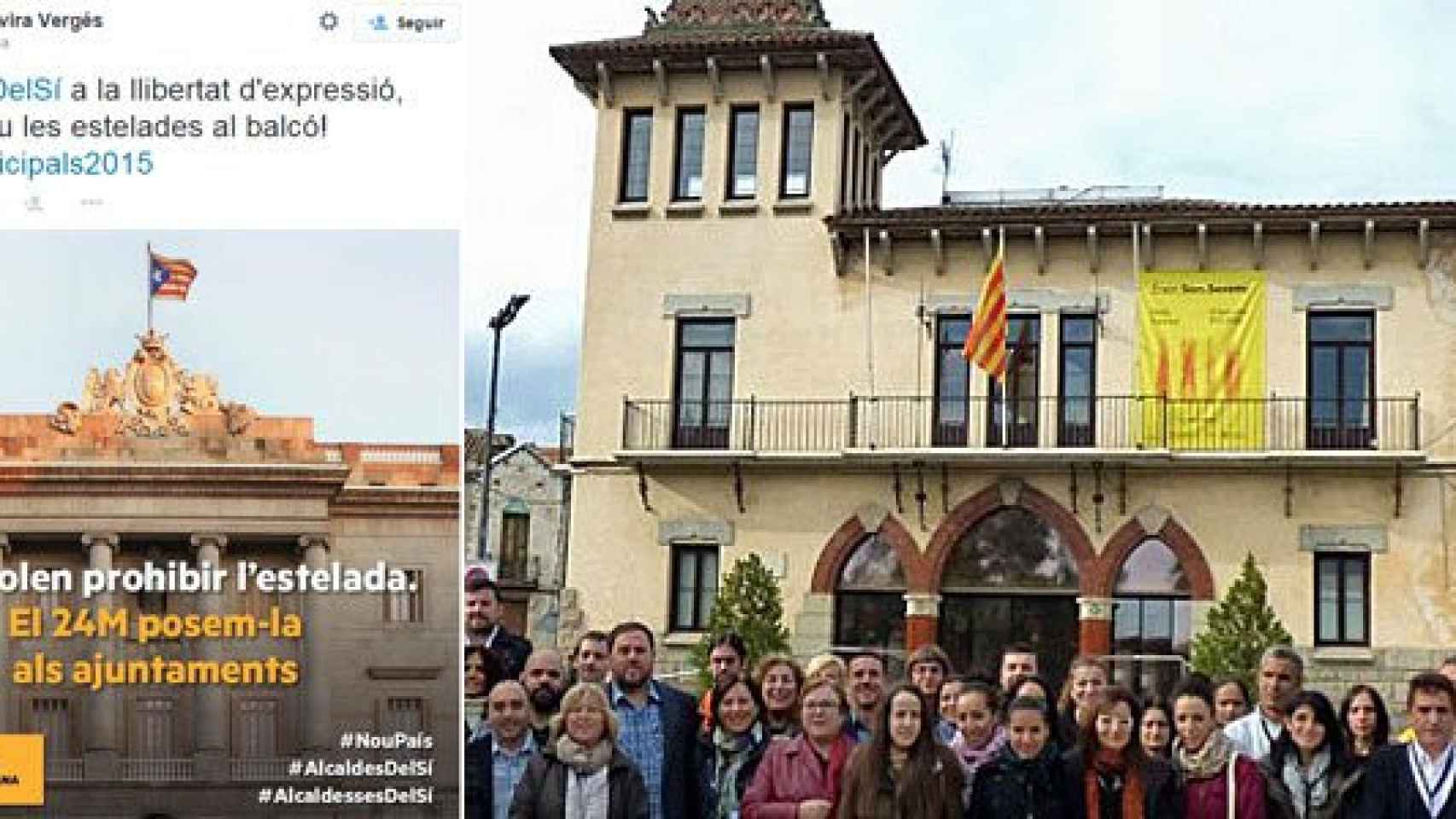 Mensaje de la secretaria general de ERC instando a los alcaldes independentistas a mantener la 'estelada' en sus ayuntamientos (izquierda); fachada del Ayuntamiento de Sant Vicenç dels Horts, sin la 'estelada', pese a que su alcale es Oriol Junqueras