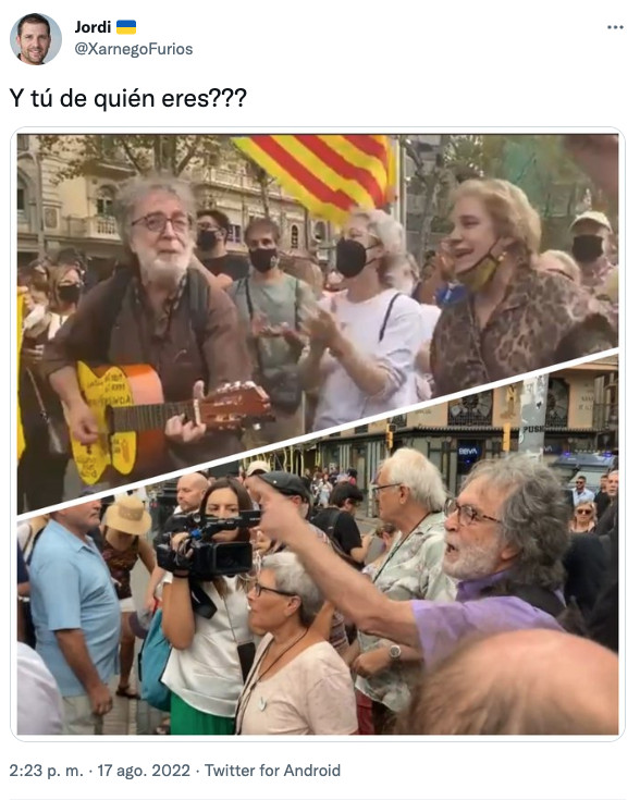 Uno de los tuits que en redes sociales descubren al mismo manifestante del 'Bella Ciao' con Pilar Rahola y en la concentración proconspiración del 17A / @XarnegoFurios