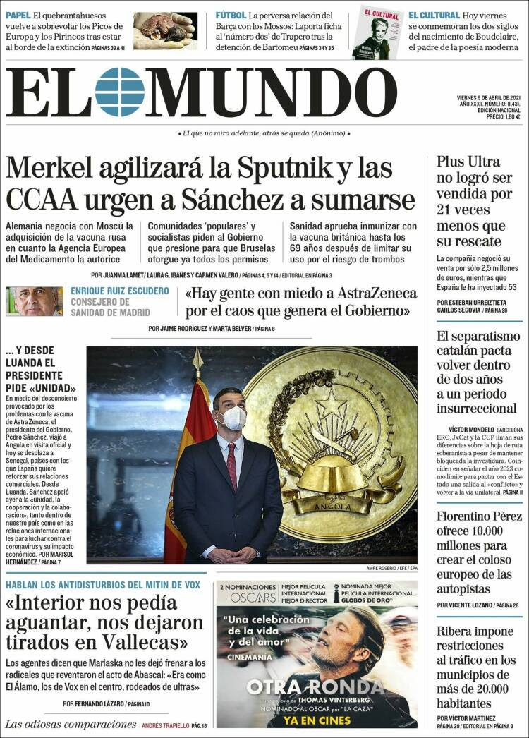 Portada de 'El Mundo' del 9 de abril de 2021 / EL MUNDO